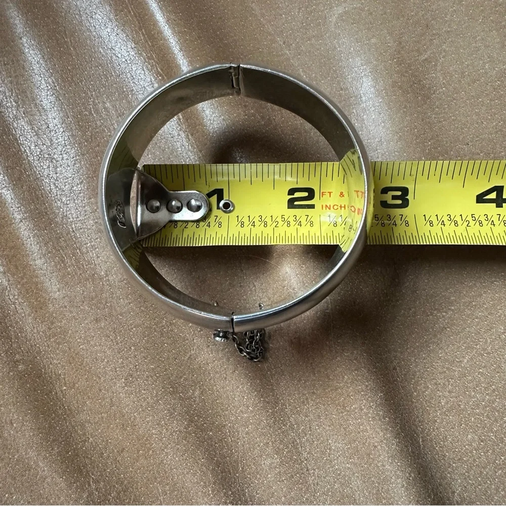 Vintage Sterling Silver cuff bangle bracelet Mexico modernist brutalist w chain - Picture 9 of 9